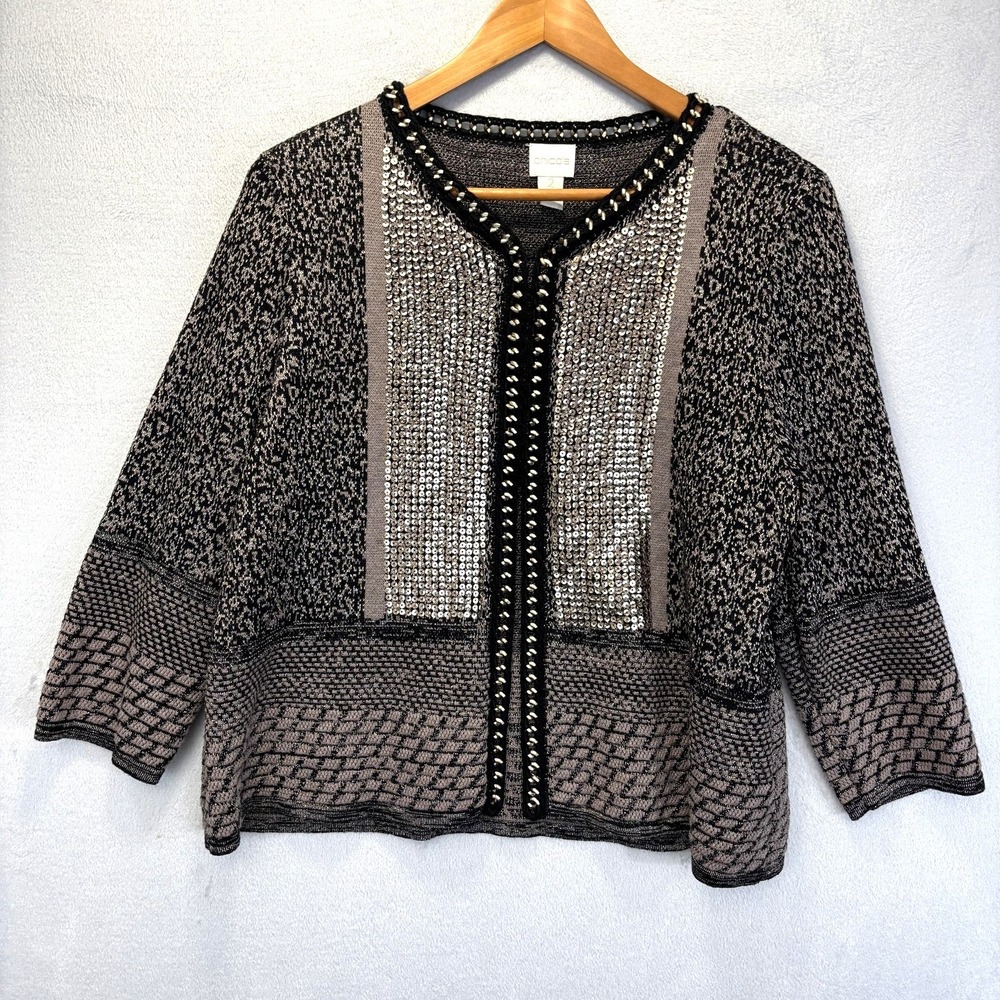 Chicos Sz 2 Embellished Cardigan Sweater Womens Large Brown Black Open Knit‎